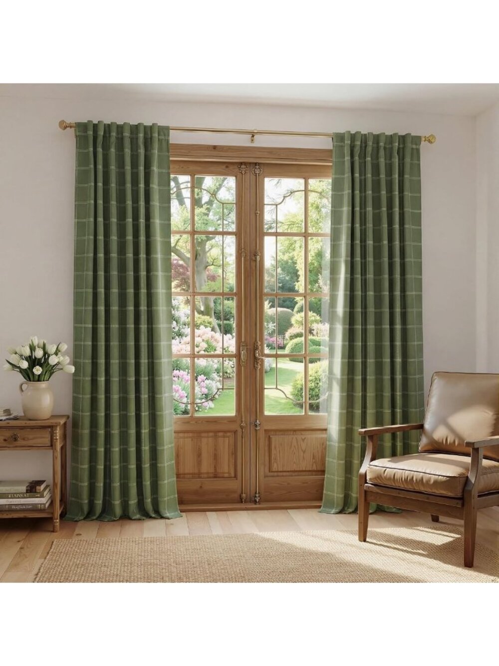 Olive Green Buffalo Check Plaid Blackout Curtains - 84 Inch Long, Room Darkening